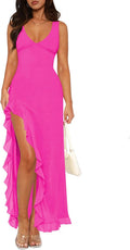 Sexy High Slit Maxi Dress for Women with V Neck and Ruffled Hem