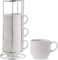 Ribbed Ceramic Coffee Mugs Set of 4 with Space Saving Rack 15 oz