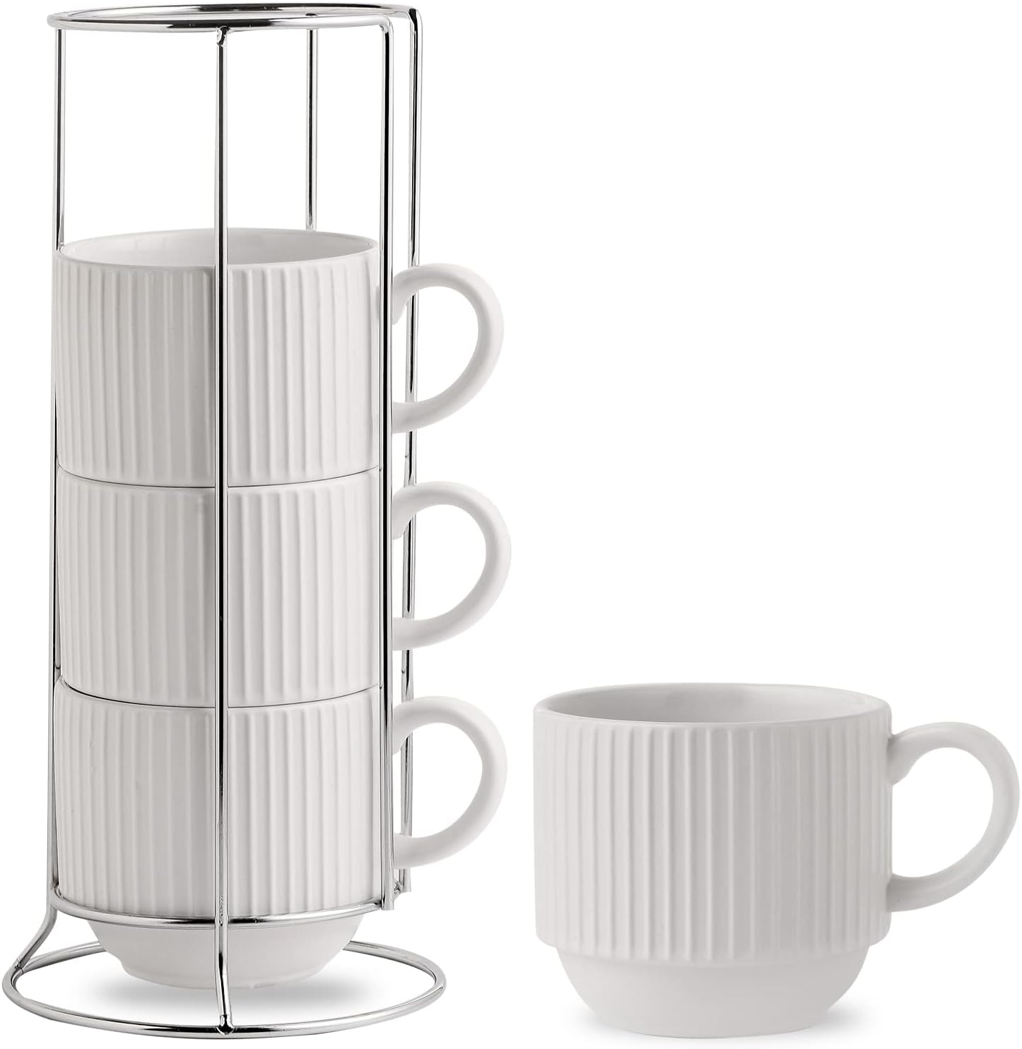 Ribbed Ceramic Coffee Mugs Set of 4 with Space Saving Rack 15 oz