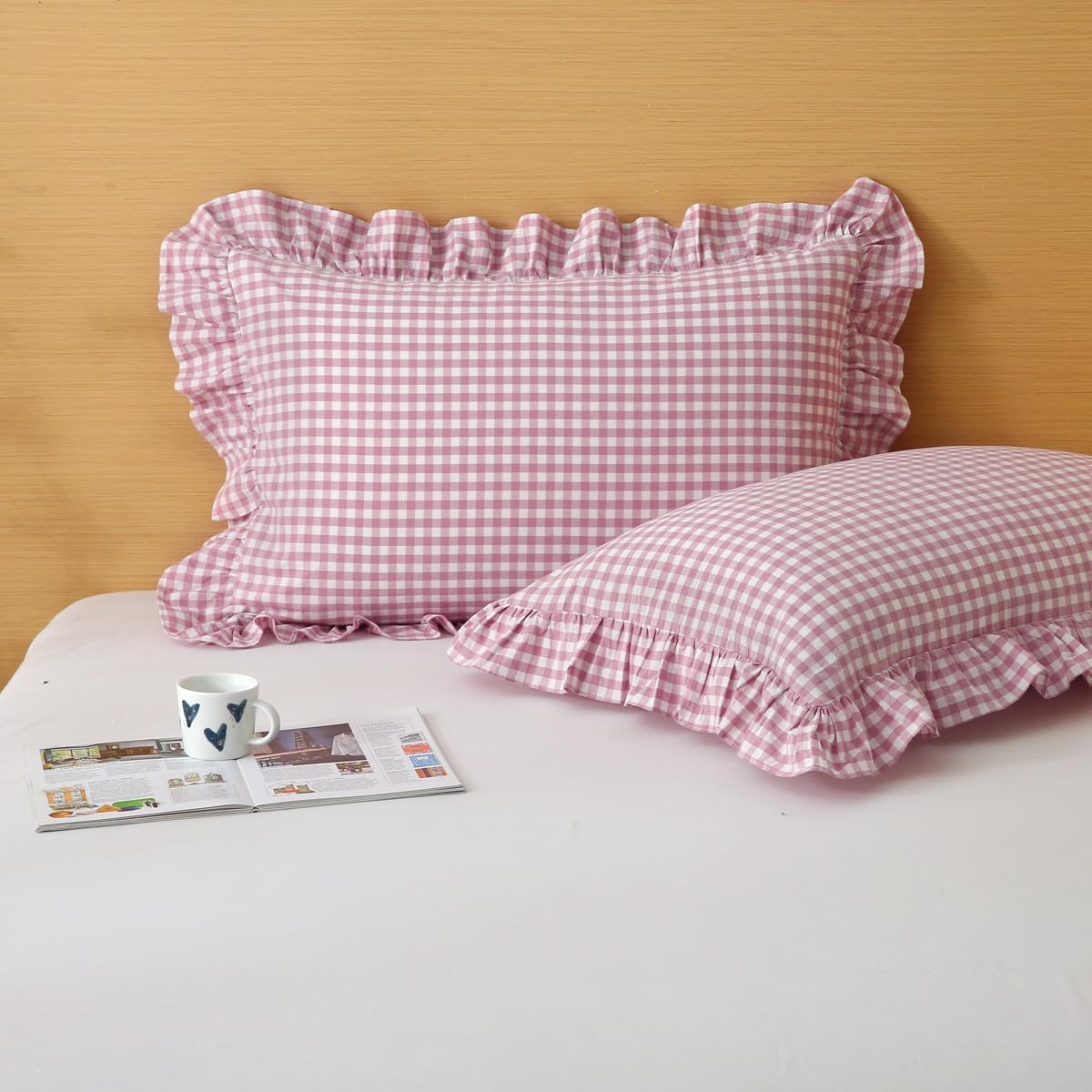Vintage Pink White Plaid Ruffled King Size Pillow Shams Set