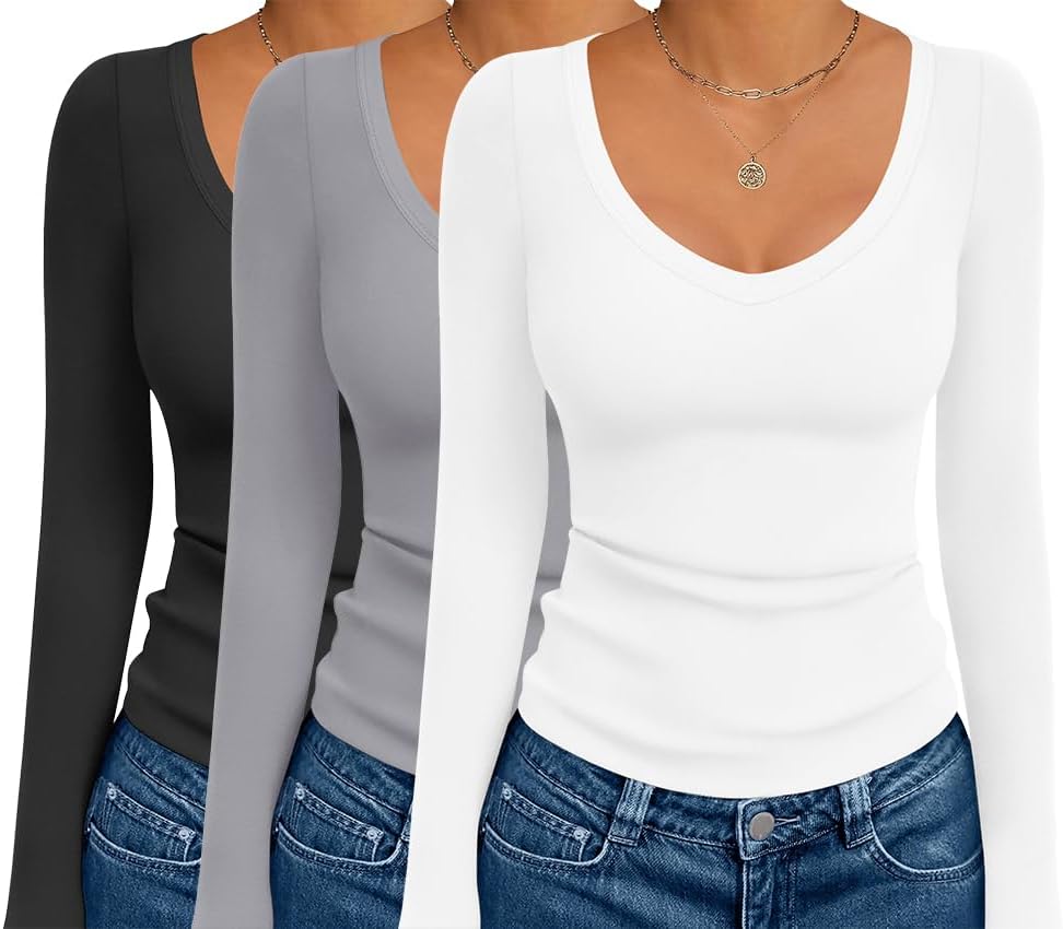 Ekouaer Long Sleeve Shirts for Women Deep V Neck Thermal Tops