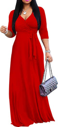 Women Plus Size Long Maxi Wrap Dress V-Neck 3/4 Sleeve - Flattering 5%