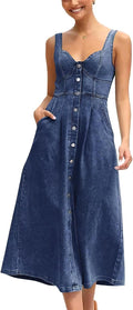 Stretchy Smocked Denim Dress for Women Sleeveless Babydoll Midi ebossy