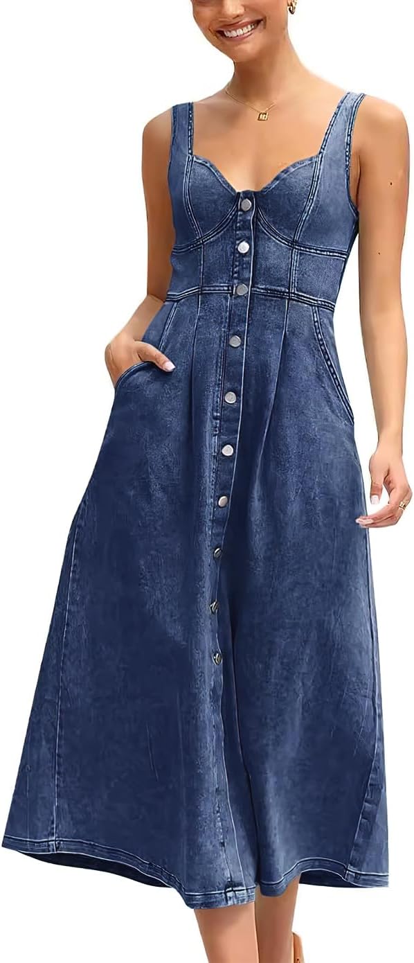 Stylish Stretchy Smocked Denim Dress for Women by ebossy