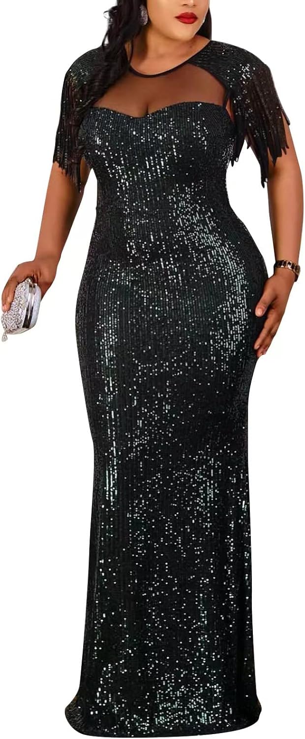 Cololura Sexy Sequin Tassel Mesh Bodycon Evening Maxi Dress