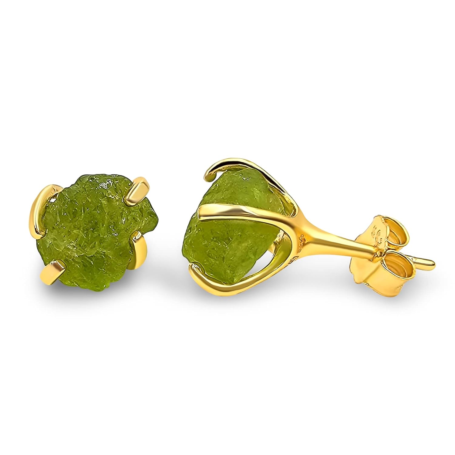 Natural Raw Peridot Stud Earrings in Yellow Gold Over Silver