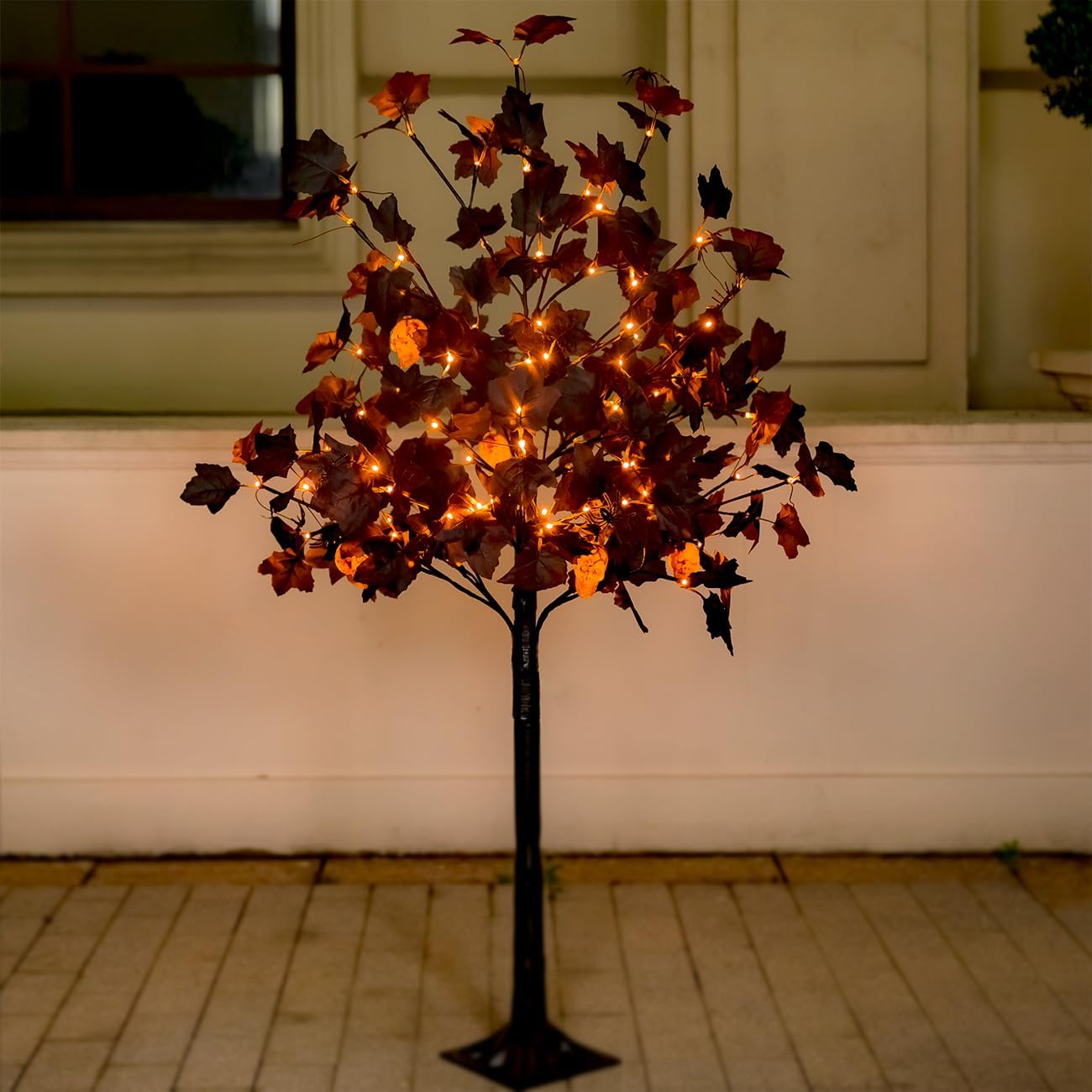 4ft Black Maple Halloween Tree with LED Skull Lights & Spiders
