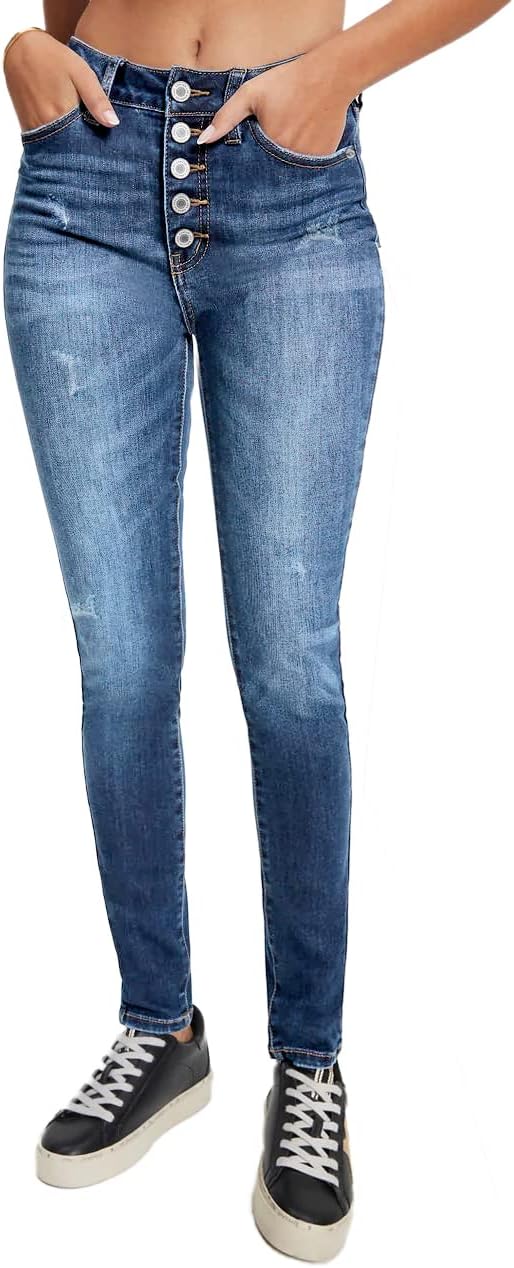 Allimy Women's High Rise Skinny Stretch Button Ripped Jeans
