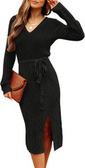 Women's Long Sleeve Bodycon Sweater Dress V Neck Cable Knit Midi