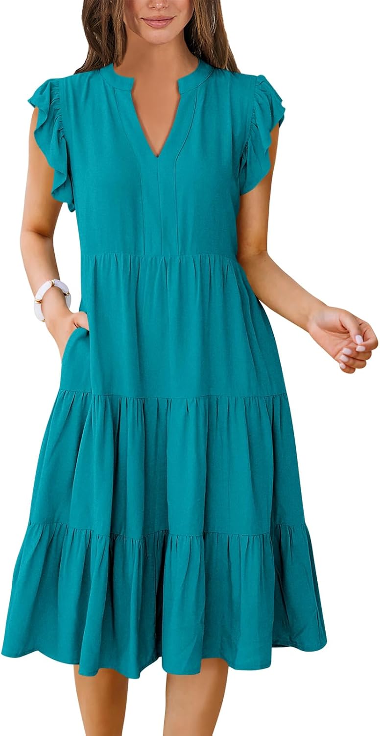 Womens Summer Dress Ruffle Sleeve V Neck Midi Casual Sundress