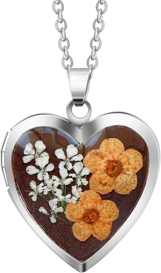 Handmade Heart Shaped Dried Pressed Forget Me Not Locket Necklace