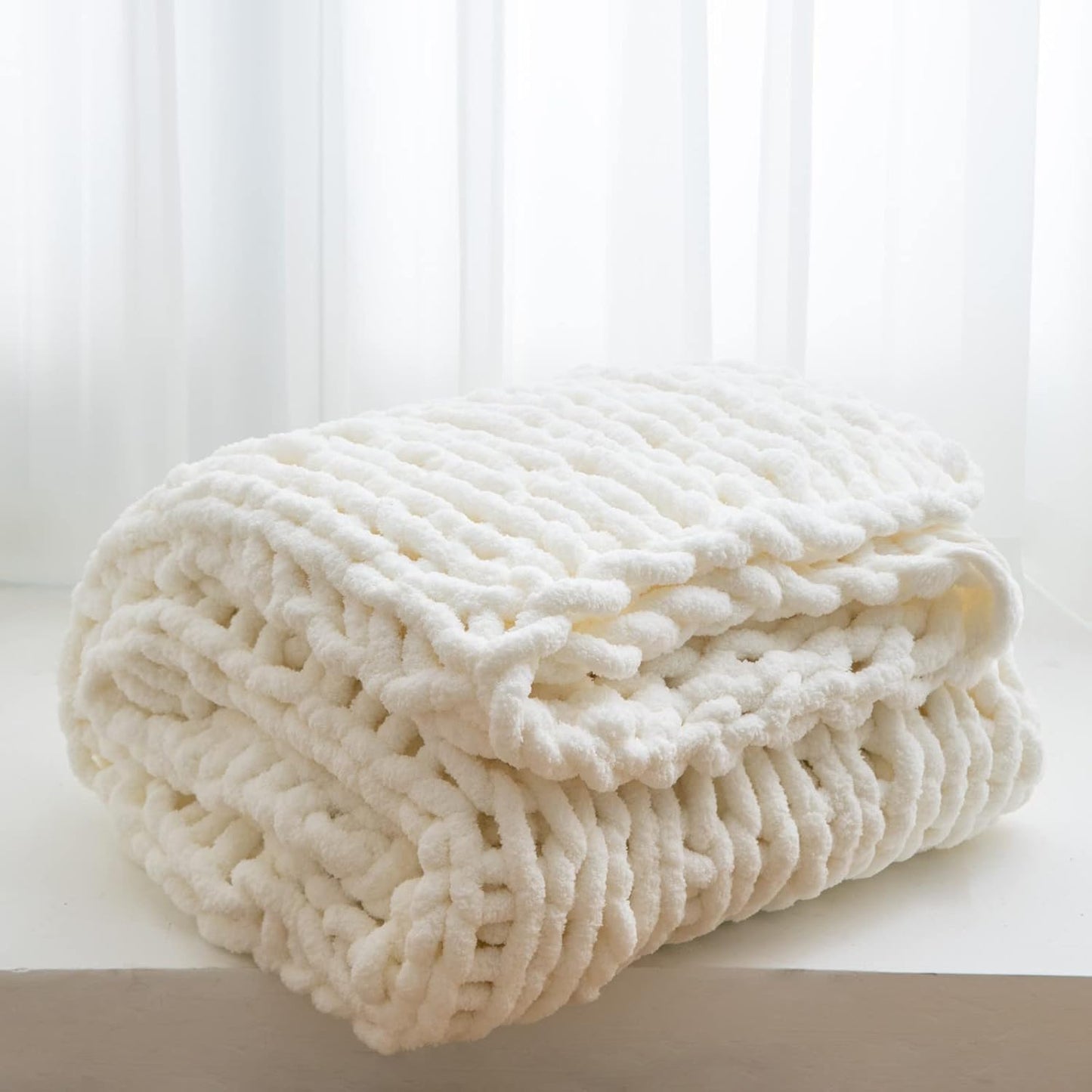 Chunky Knit Throw Blanket - Soft Chenille Handmade Comfort
