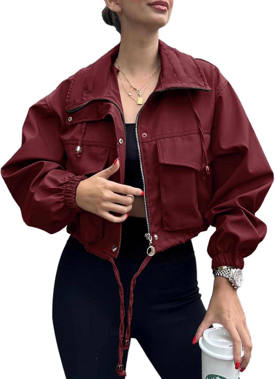 Tankaneo Womens Cropped Jacket Zip Up Lightweight Utility Coat