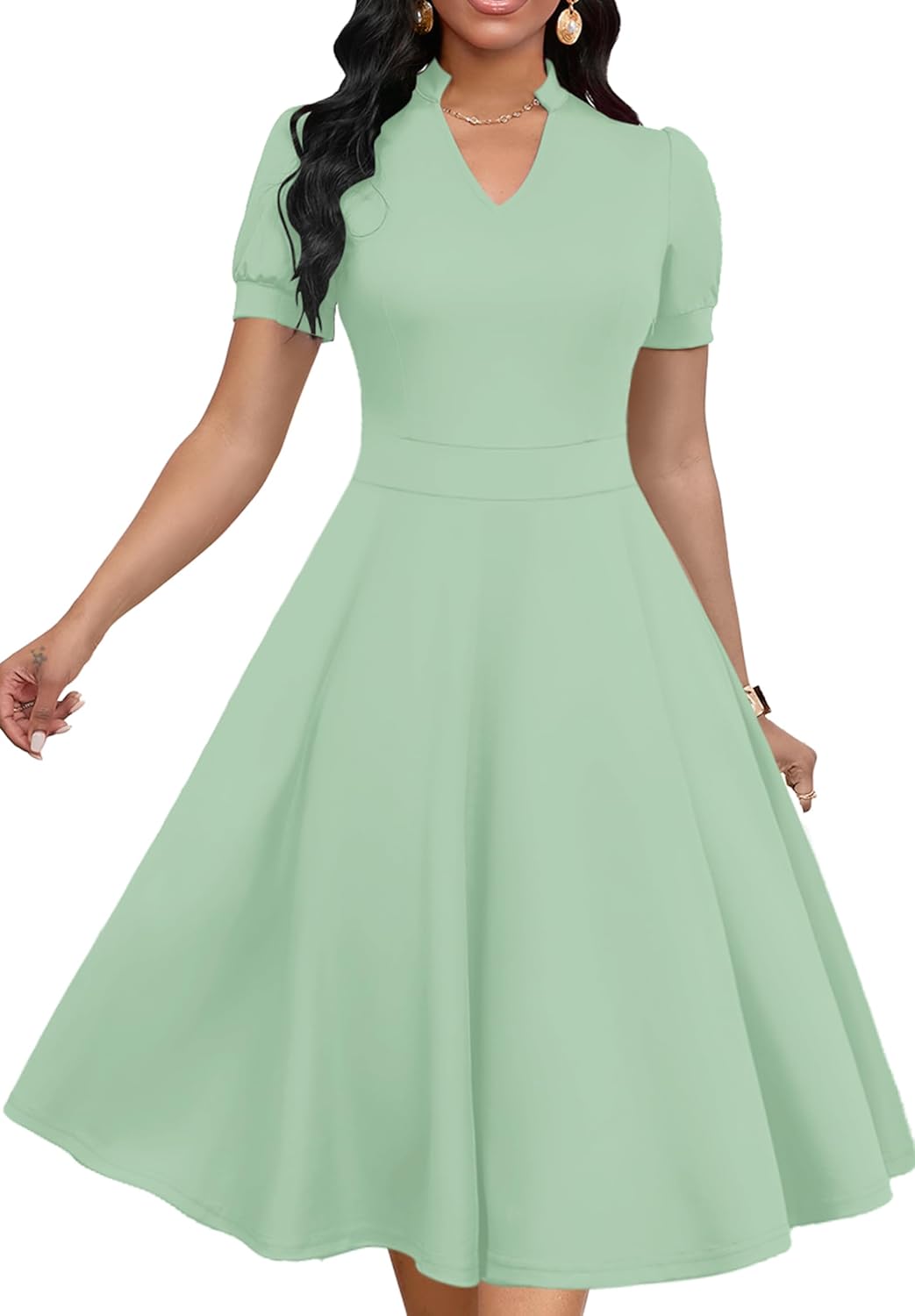 Womens Short Puff Sleeve V Neck Casual A-Line Cocktail Dress