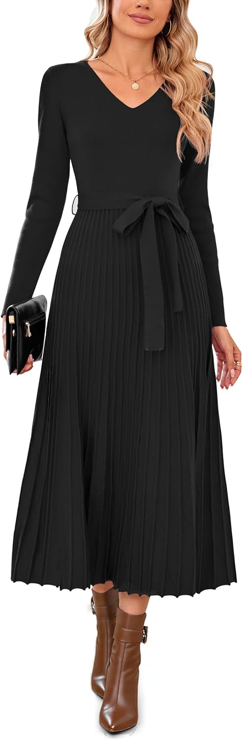 Arach&Cloz Women's Wool Blend Tie Waist Pleated Fall Dress