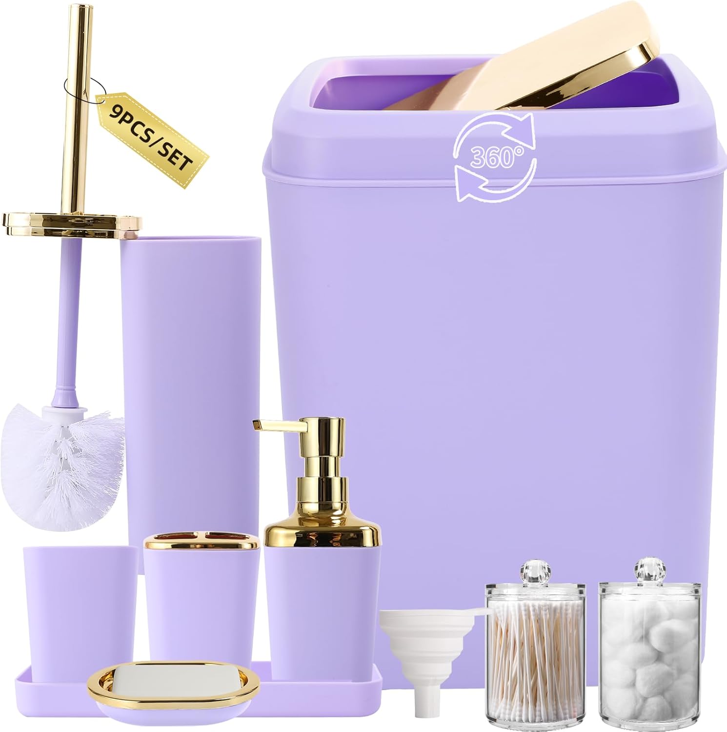 Purple Bathroom Accessories Set with Trash Can and Dispenser