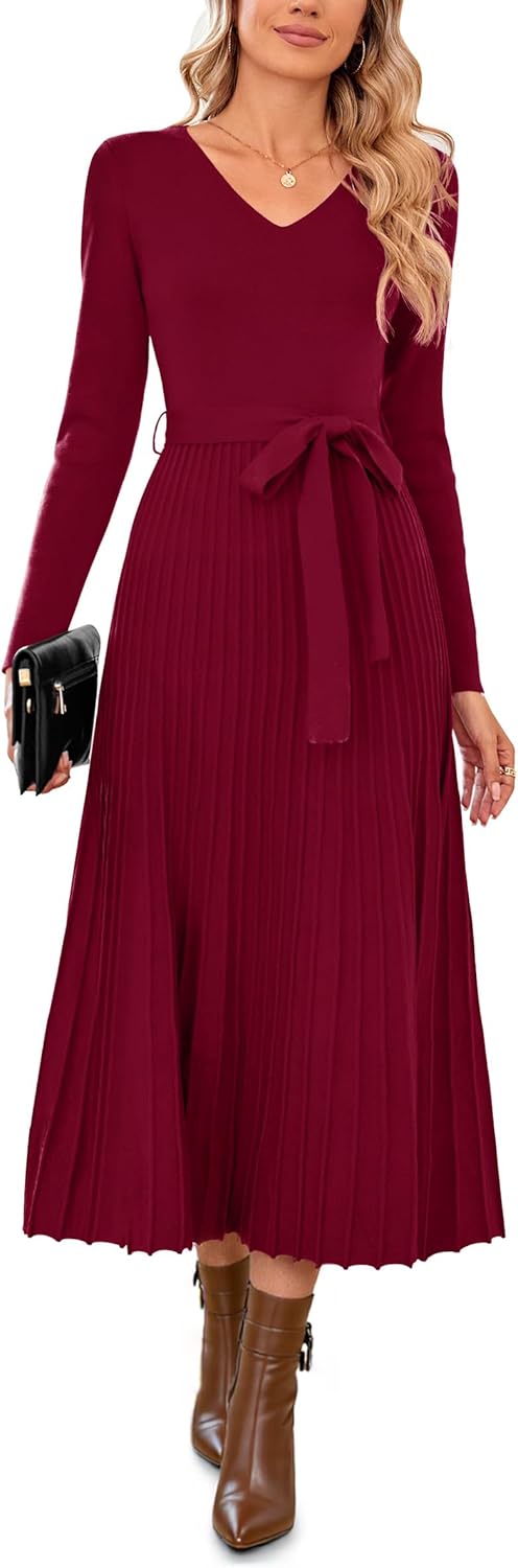 Arach&Cloz Women's Wool Blend Tie Waist Pleated Dress Review