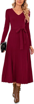 Women's Wool Blend Tie Waist Pleated Sweater Dress - Soft Fall Knit