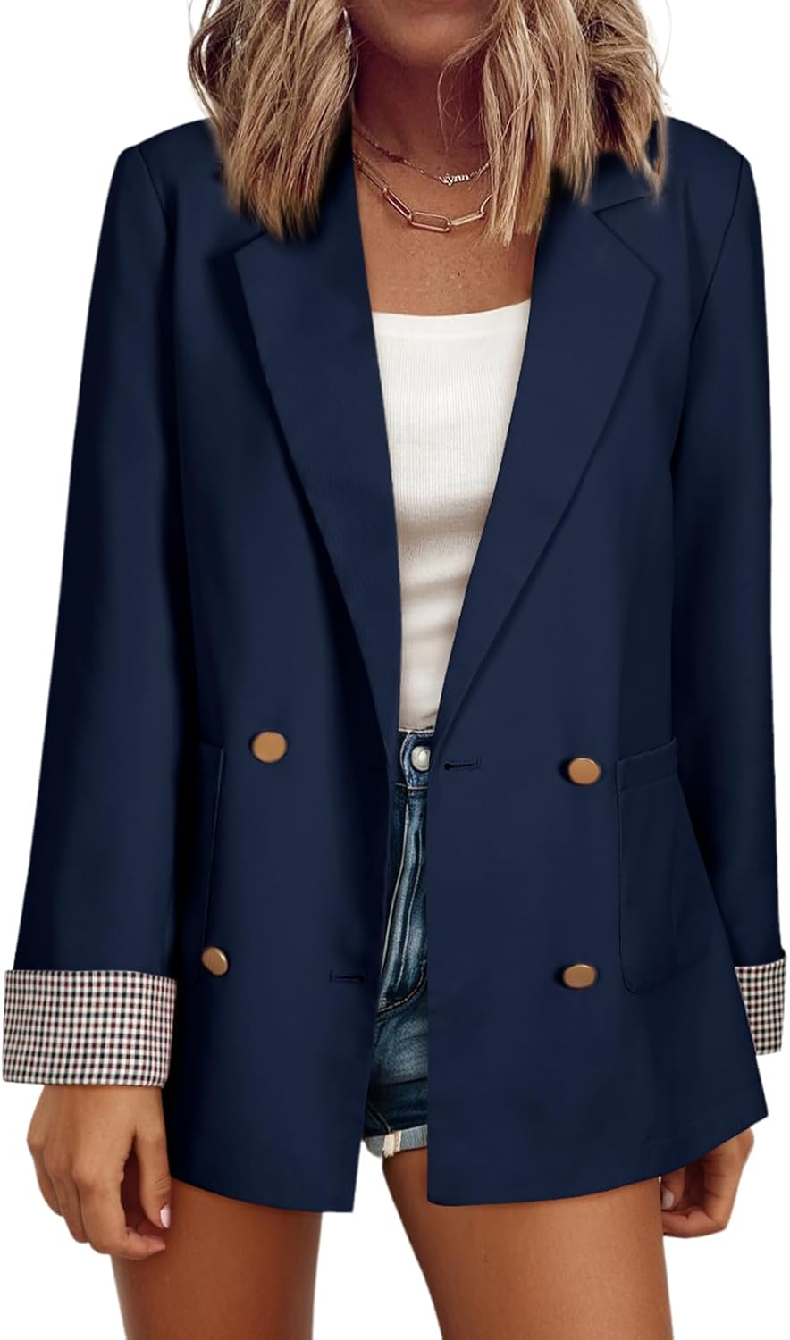Stylish Womens Blazers with Plaid Cuff for Business Casual Wear