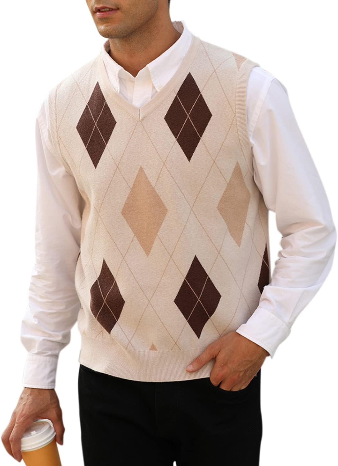 Mens Argyle Knitwear Vest V Neck Sleeveless Casual Slim Fit