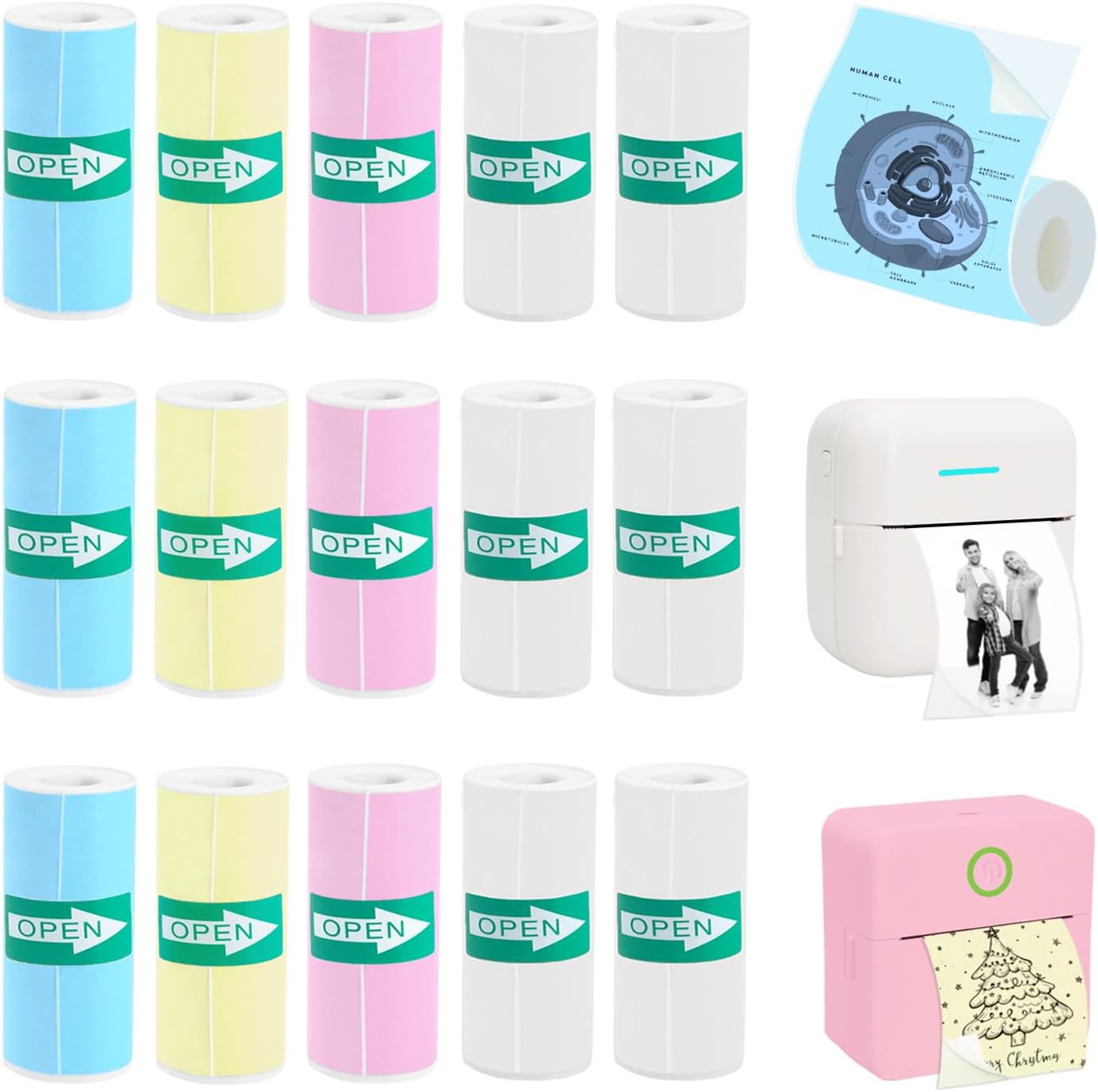 Vicbear 15 Rolls Mini Printer Sticker Paper Set - Self-Adhesive, Colorful & White, 57 x 25 mm