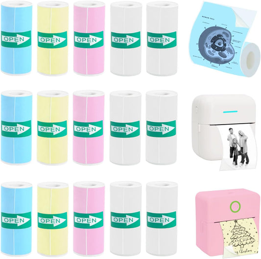 Vicbear 15 Rolls Mini Printer Sticker Paper Set - Self-Adhesive, Colorful & White, 57 x 25 mm