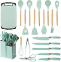 Cooking Utensils Set - 19 Piece Silicone & Knife Set, Green