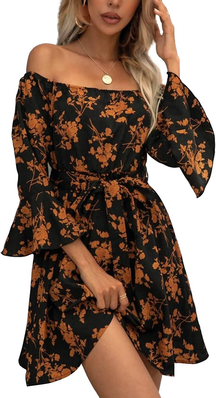 Womens Off Shoulder Ruffle Floral Summer Wedding Guest Dress