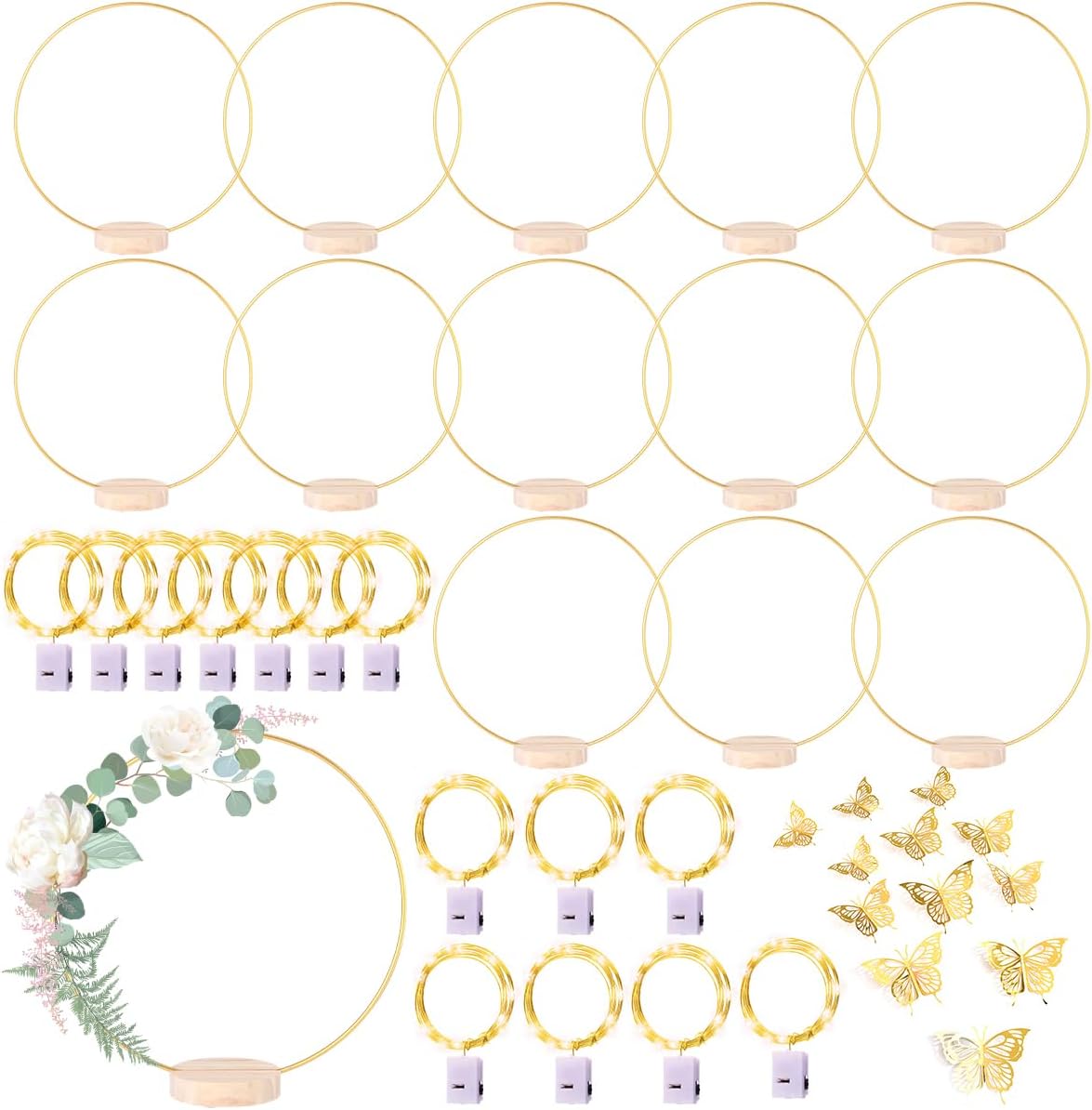 14 Pack Floral Hoop with Stand and LED Fairy Lights for Crafts
