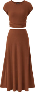 Women Two Piece Skirt Set Summer 2025 - Casual Crew Neck Crop & Midi