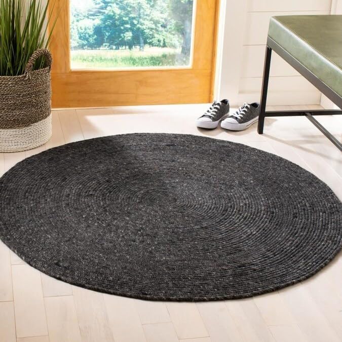 Handwoven Jute Area Rug - Black Round Rustic Vintage Design