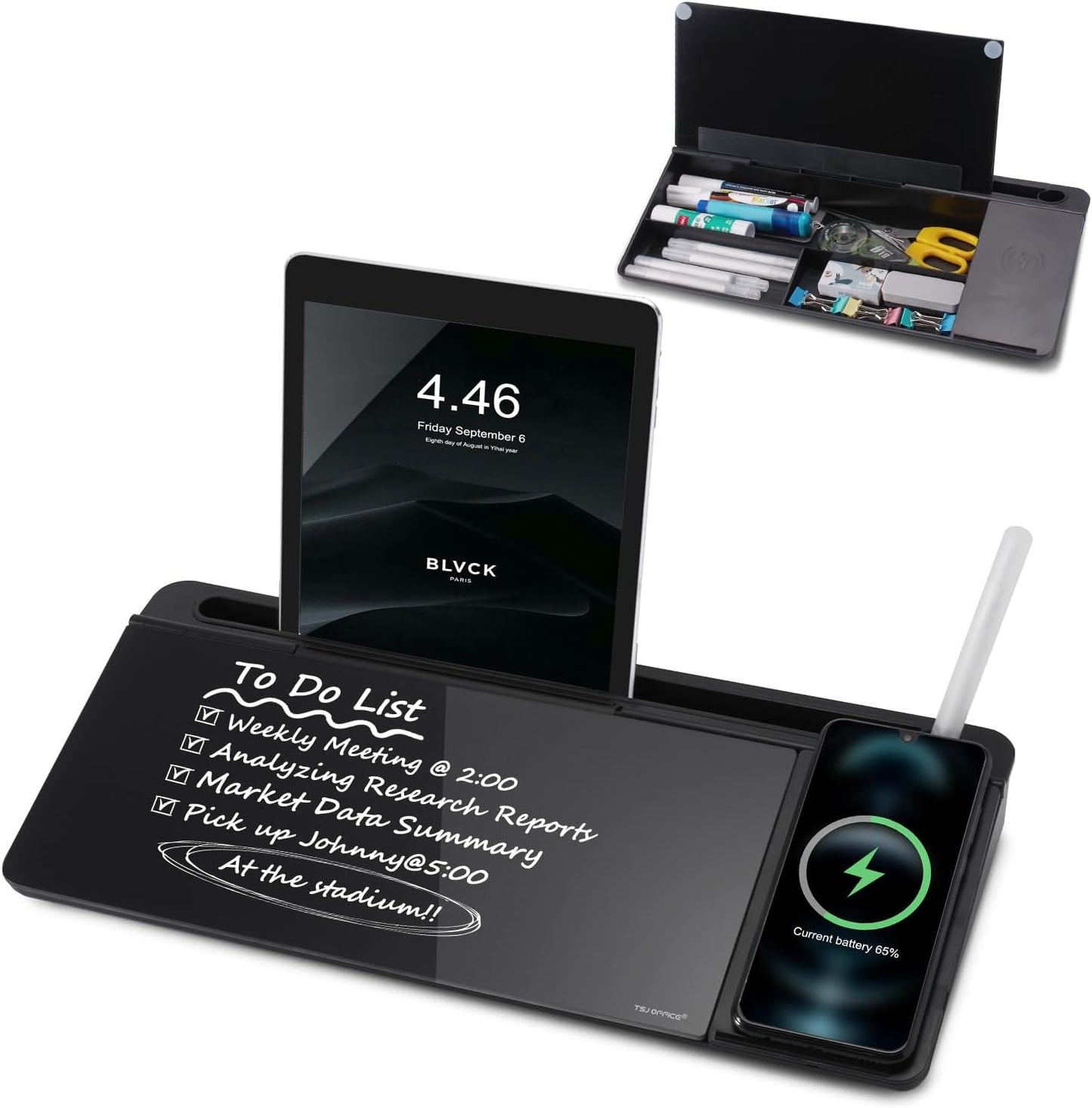 Small Glass Desktop Whiteboard with Wireless Charger and Drawer