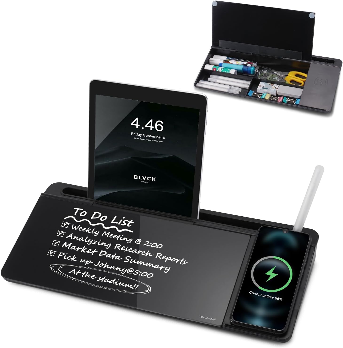 Small Glass Desktop Whiteboard with Wireless Charger and Drawer
