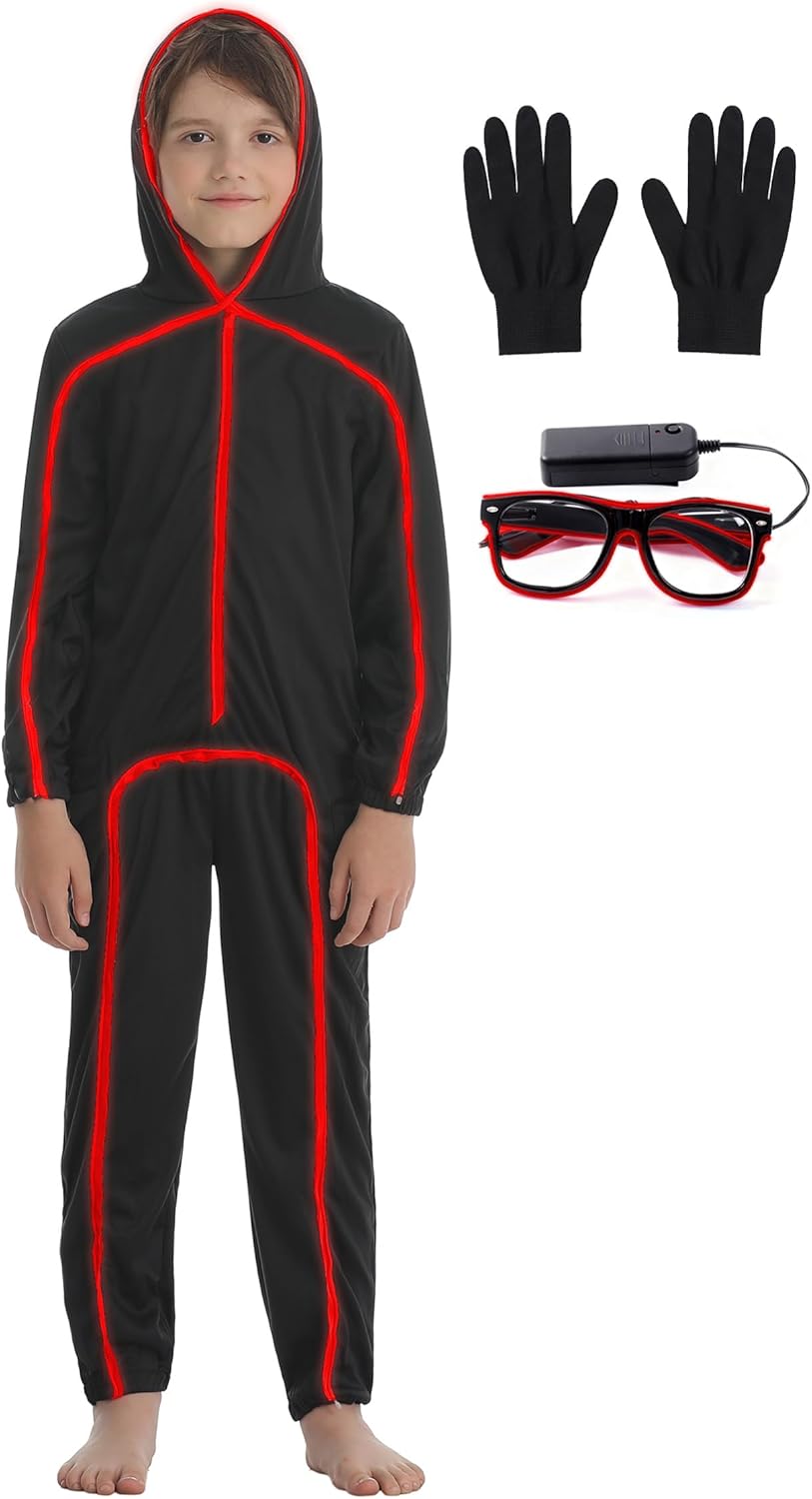 Stick Figure Costume Kids Jumpsuit with Light Up Glasses