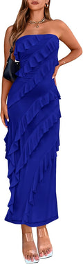 Strapless Midi Ruched Bodycon Dress - Elegant Slim Mesh Fit