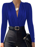 LYANER Wraped V Neck Ruched Long Sleeve Leotard Bodysuit Top - Slim