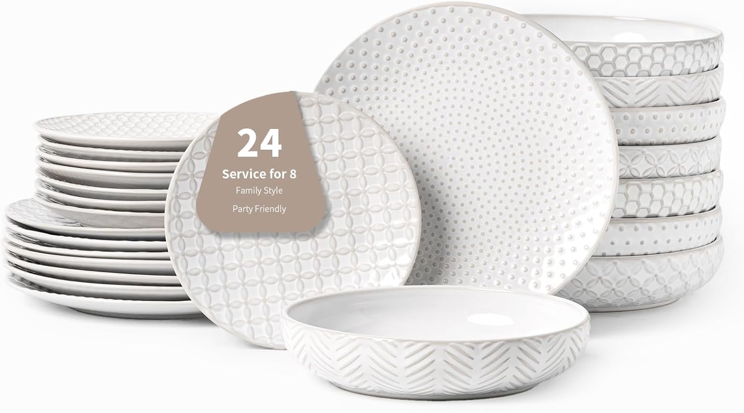 24-Piece Embossed Ceramic Dinnerware Set for Large Families