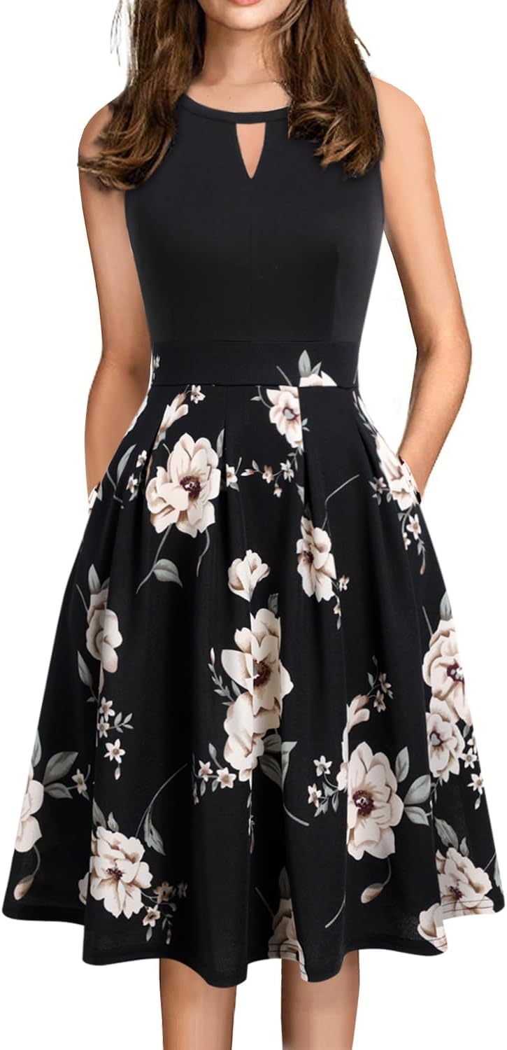 Sureple Women's Retro Sleeveless Swing Dress with Pockets