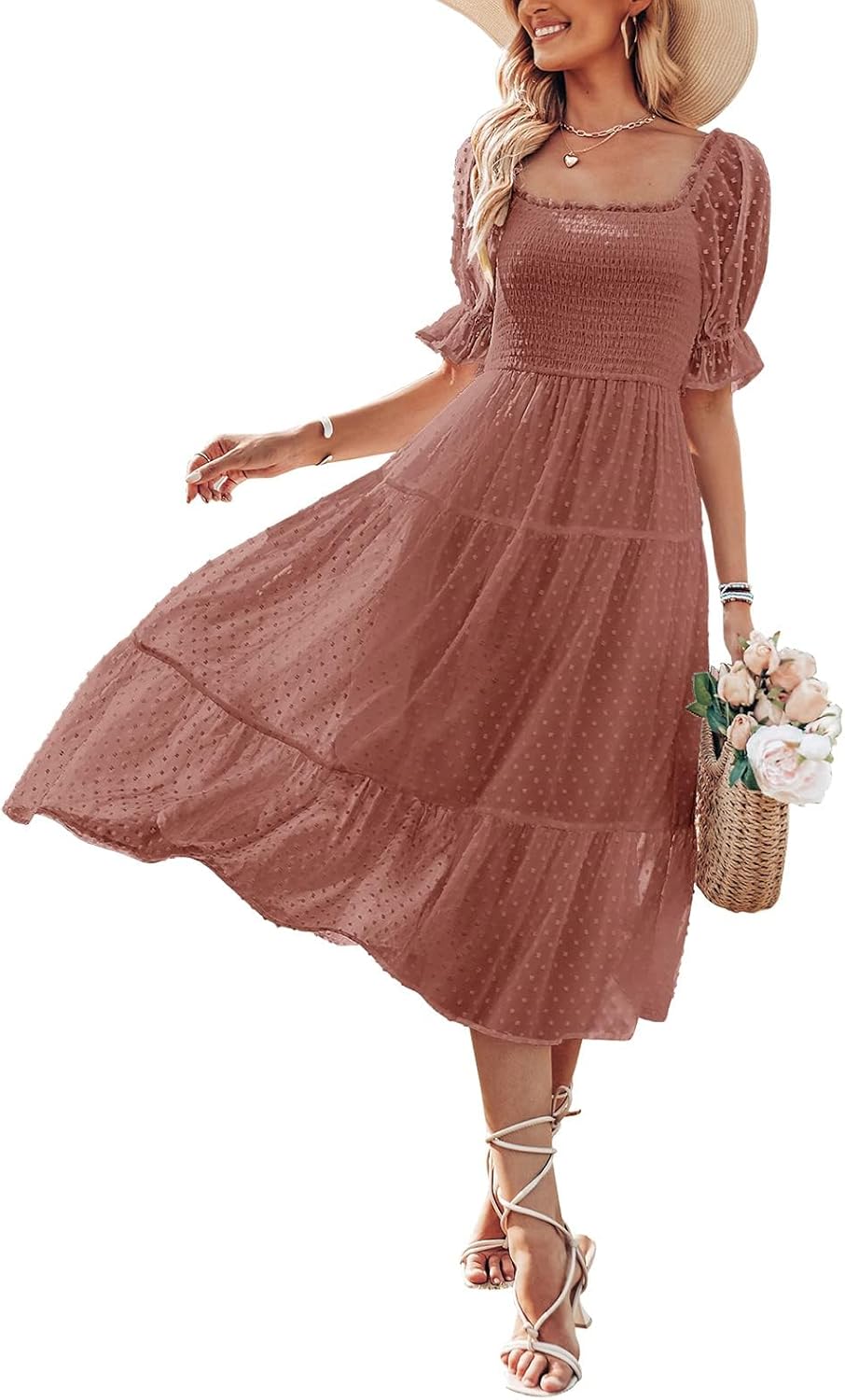 MEROKEETY Women's Summer Square Neck Puff Sleeve Midi Dress