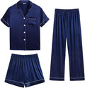 Womens Silk Satin 3Pc Pajama Set - Short Sleeve Button Down