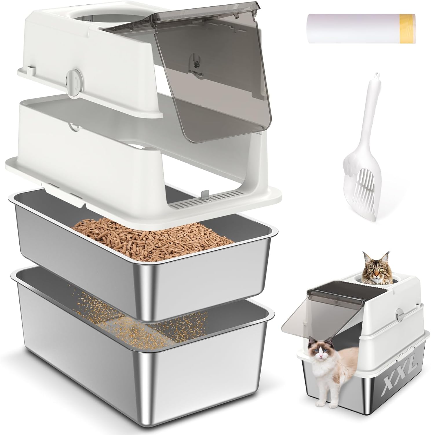Stainless Steel Sifting Litter Box for Big Cats and Multi-Cats