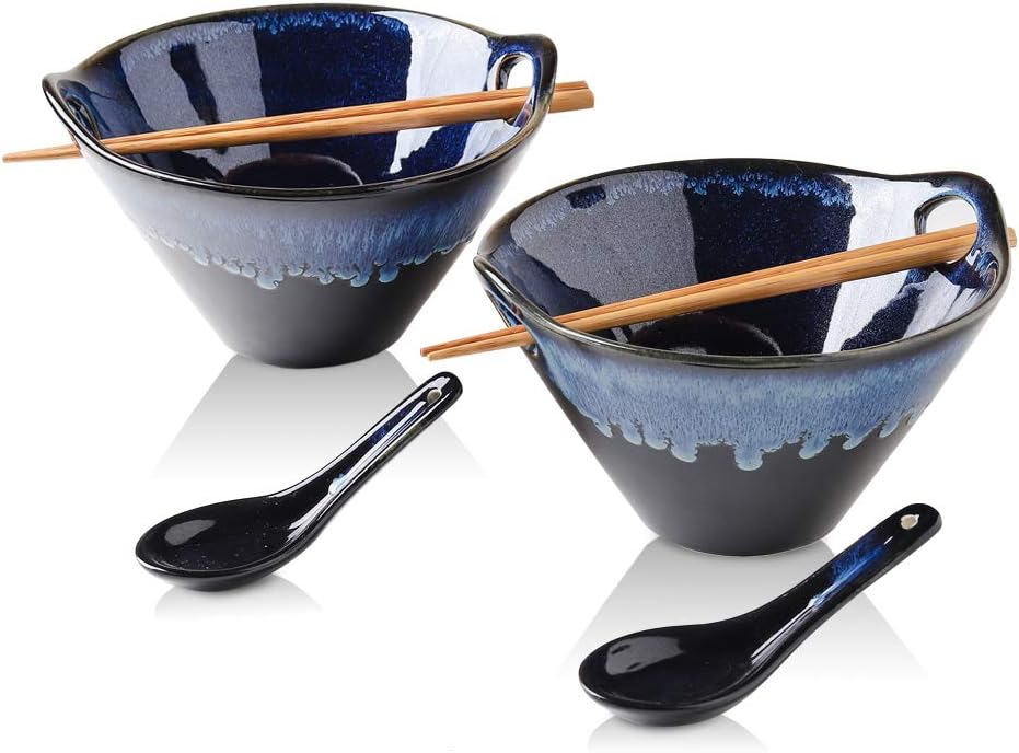 Porcelain Japanese Ramen Bowls Set with Chopsticks and Spoons