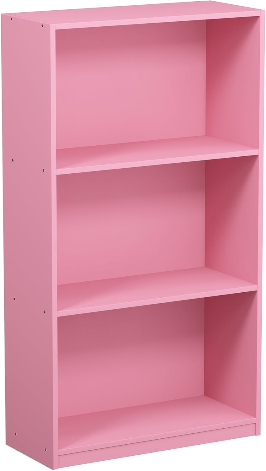 FURINNO Basic 3-Tier Bookcase Storage Shelves in Pink Color