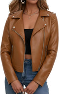 Women Leather Jacket Faux Cropped Moto Coat - Edgy Short Zip Up