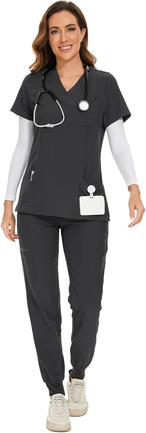 COZYFIT Scrubs for Women - Stretch V-Neck Top & Jogger Pants