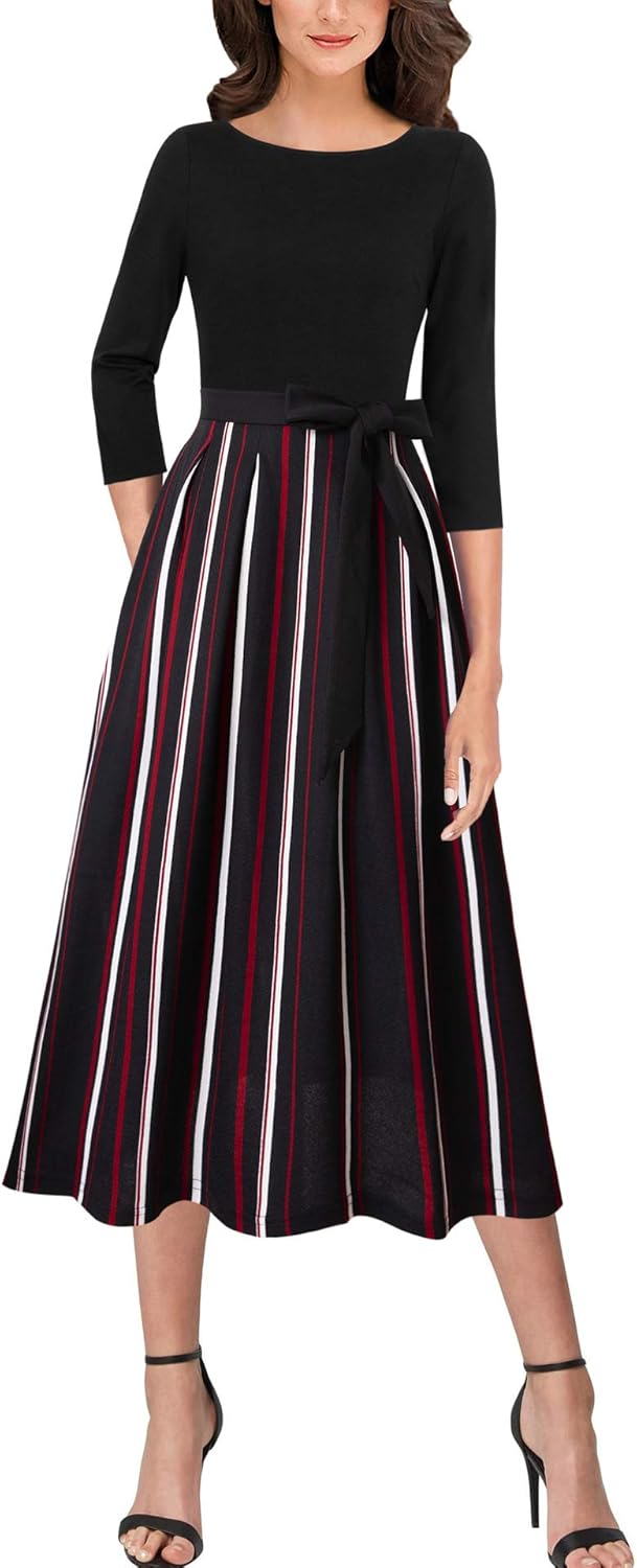 Elegant Pockets Belted A-Line Midi Dress for Women Workwear