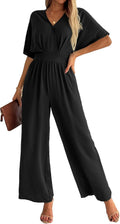 Women's V-Neck Batwing Short Sleeve Wide Leg Jumpsuit - Elegant Fit