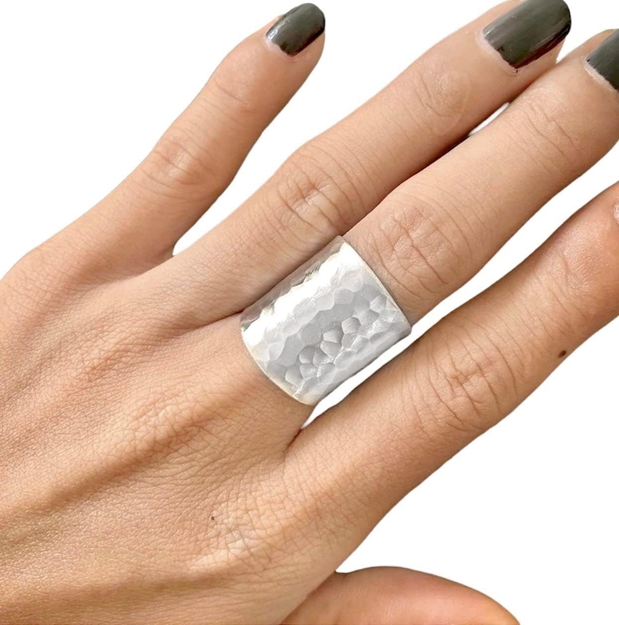 Hammered Sterling Silver Classic Wide Band Boho Statement Ring
