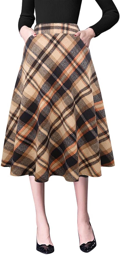 Plaid Skirts for Womens Fall Winter High Waist Aline Midi Skirts