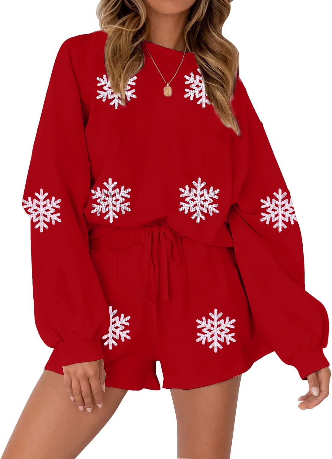VILOVE Christmas Sweat Shorts Set for Women - Festive Holiday Style
